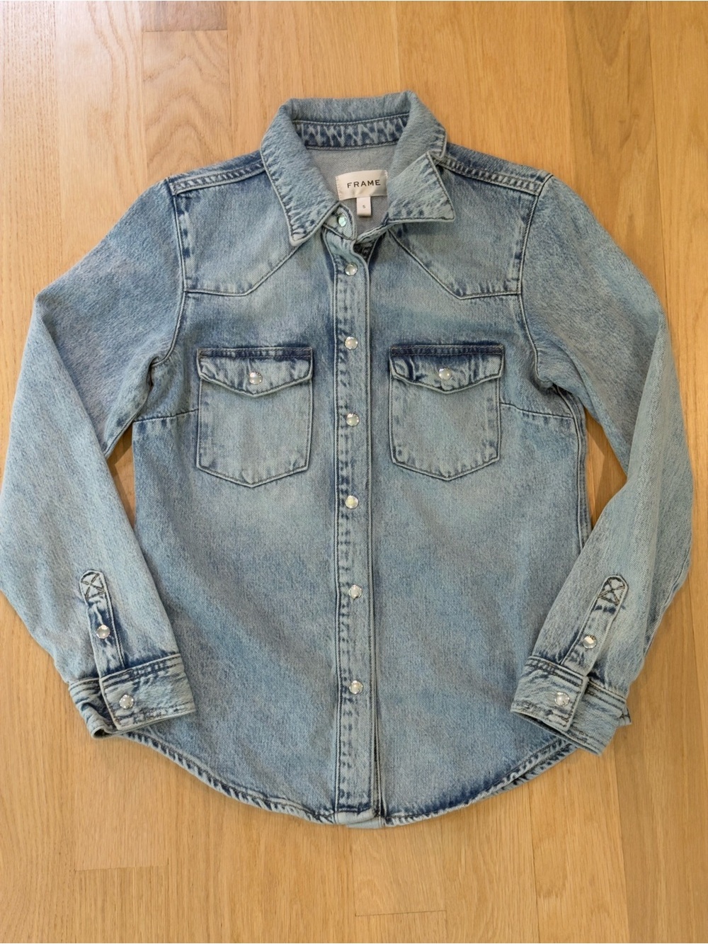 FRAME Denim Western Shirt Light Wash Pearl Snap Size Small
